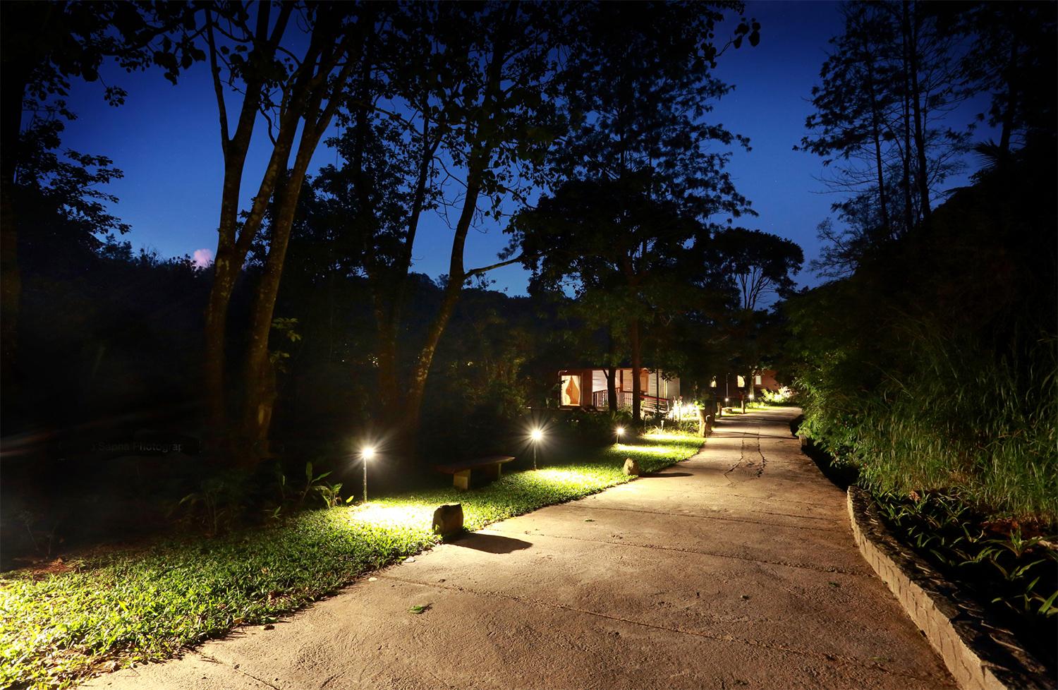 Picture of street in resort being lit up by street lamps at night