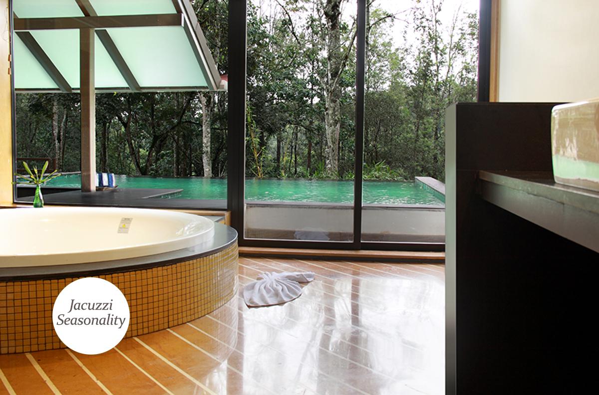 Image of the Jacuzzis in a pool villa, with a view that looks out into the private pool and the natural backdrop of the forest